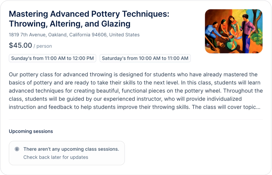 A course widget that pottery studios can add to their website to show their available courses